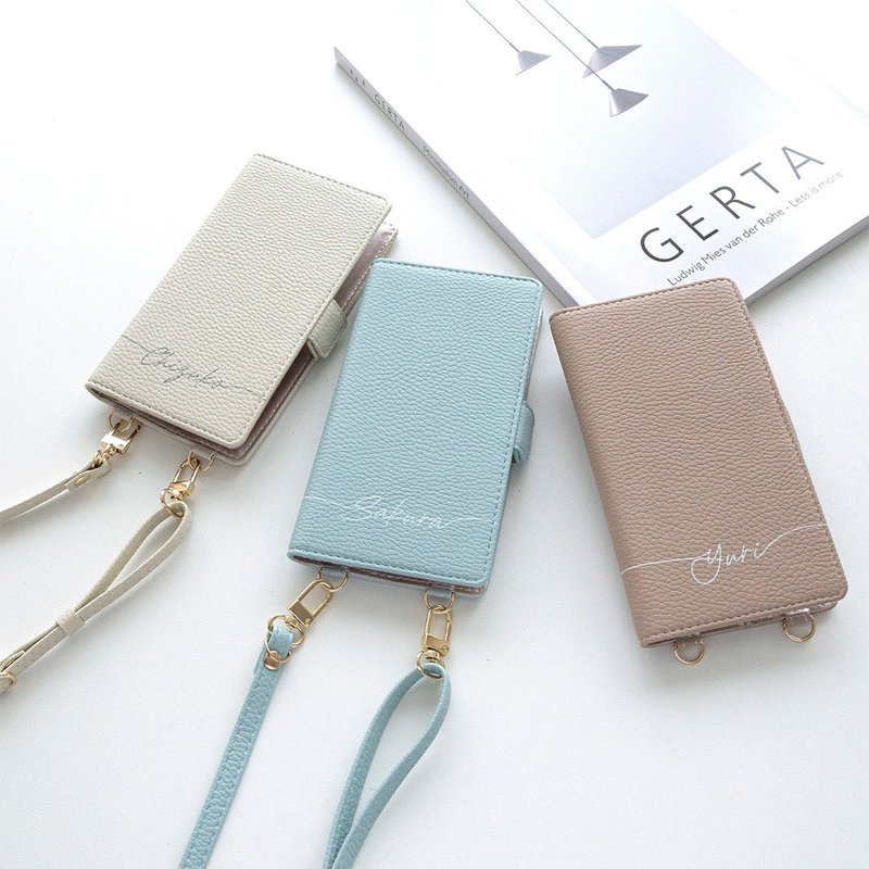 全機種対応 スマホケース 縦向き 手帳型 【 Simple 名入れ 】 スマホショルダー くすみカラー AE08U - 手機殼/手機套 - 真皮 藍色
