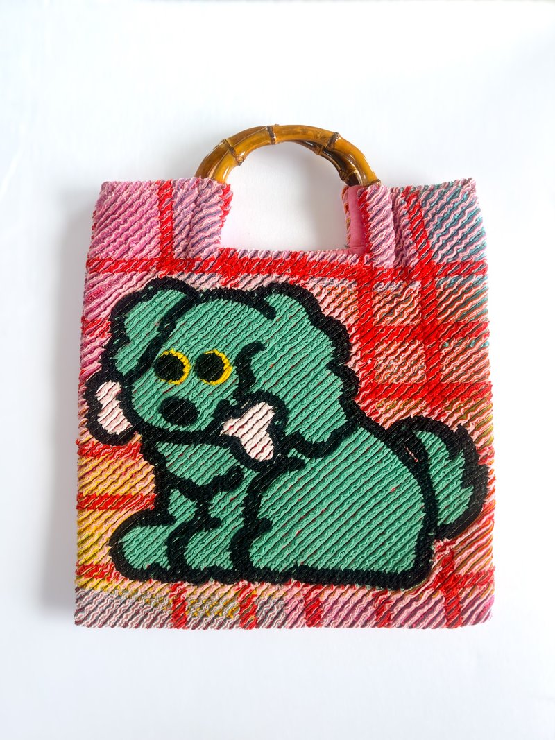 December 24th,1:00 PM (HKT) Release starts/Bamboo Handle Bag / lovely green dog - Handbags & Totes - Cotton & Hemp Gray