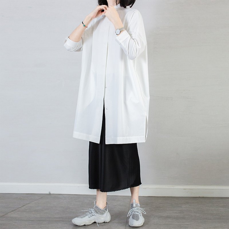 Capsule GAOGUO original design women's clothing 18 spring and summer white small collar simple shirt-style trench coat - เสื้อสูท/เสื้อคลุมยาว - ผ้าฝ้าย/ผ้าลินิน ขาว