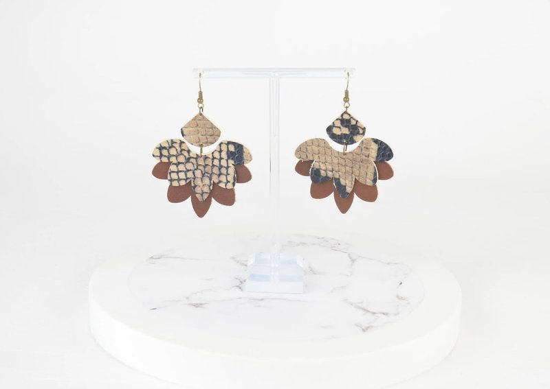 Statement Earrings in Snake Animal Print & Brown Genuine Recycled Leather - ต่างหู - หนังแท้ สีนำ้ตาล