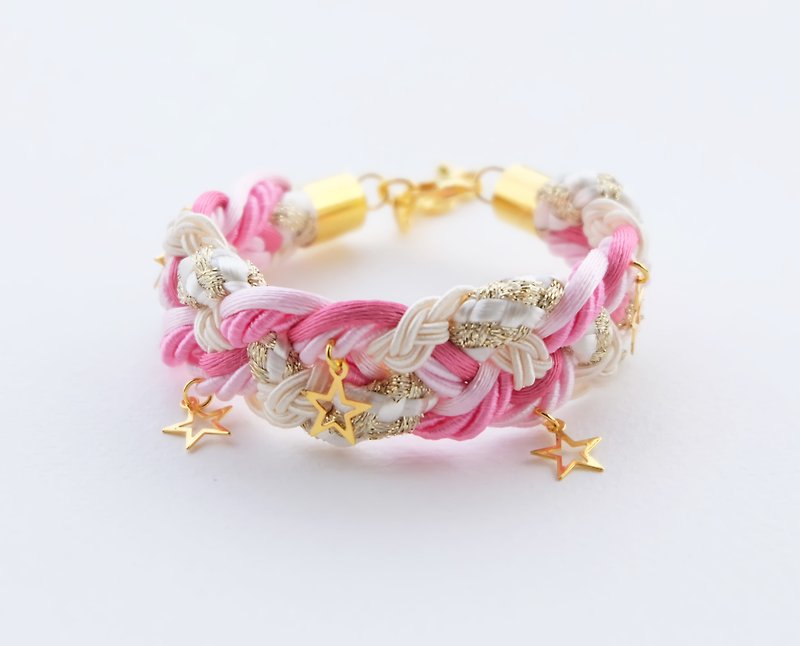 Pink cream braided bracelet golden stars - Bracelets - Polyester Pink
