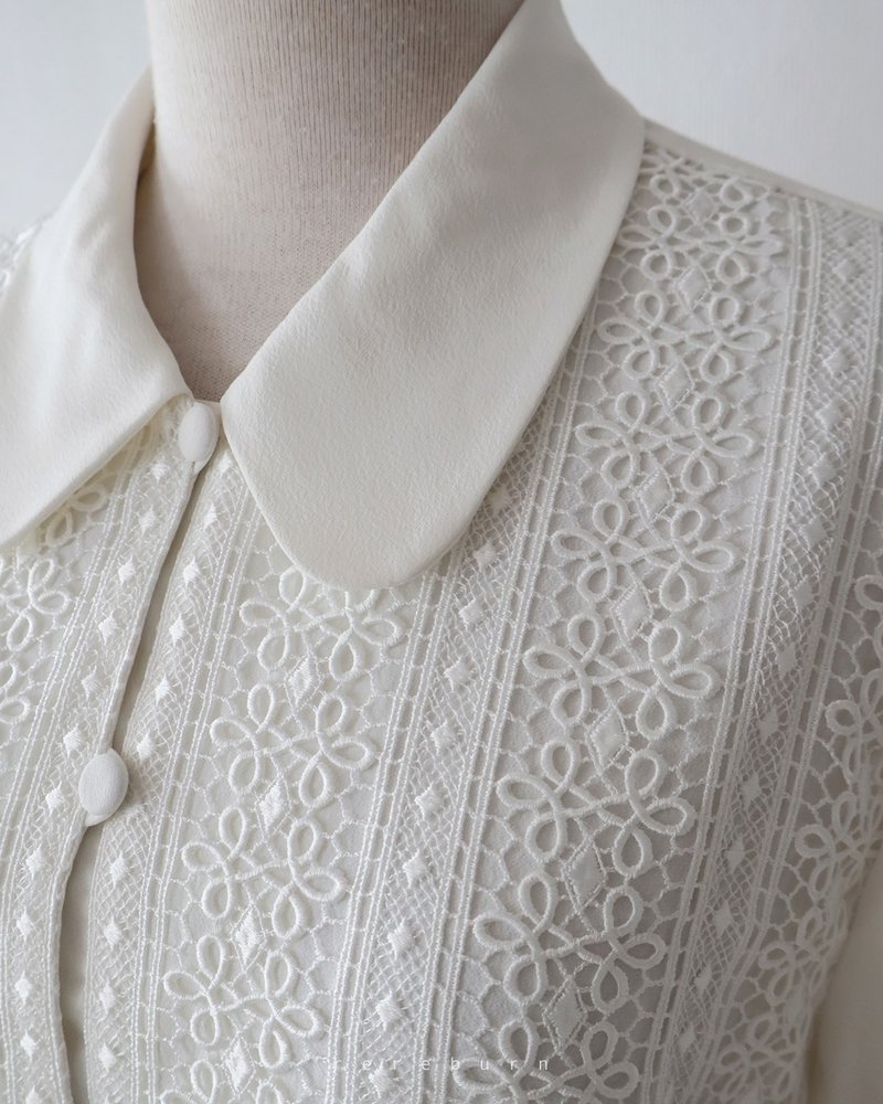 日系復古刺繡蕾絲拼接長袖白色古著襯衫 - 女襯衫 - 聚酯纖維 白色