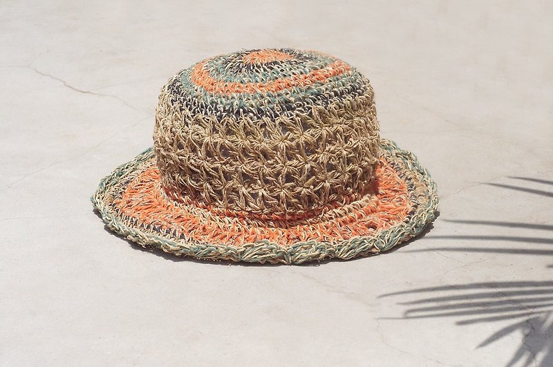 Valentine's Day gift hand-woven cotton Linen cap / knit cap / hat / straw hat / straw hat - knit openwork lace cotton Linen cap (small brim) - Hats & Caps - Cotton & Hemp Multicolor