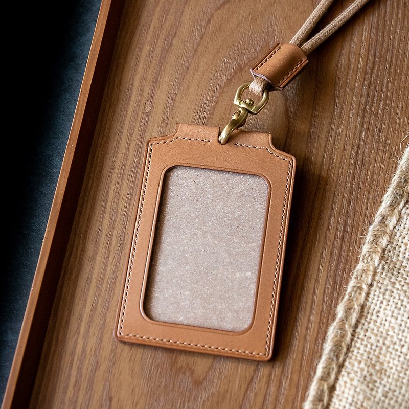 Vegetable tanned handmade leather ID card holder with neck Khaki khaki ID card holder - ที่ใส่บัตรคล้องคอ - หนังแท้ สีกากี