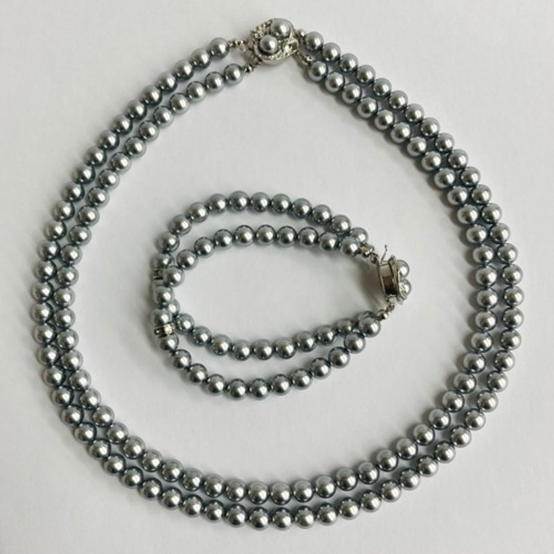 貝殼珍珠雙項鍊/手鍊/7mm約65/70cm+/灰/R/日本製造 - 項鍊 - 貝殼 灰色