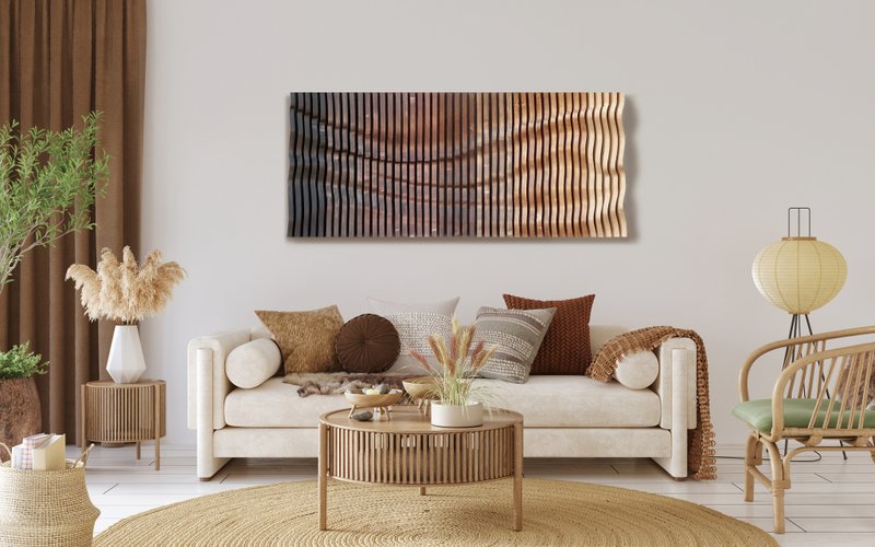 ombre brown wavy wood wall decor made of slats, 3d wall panel, wavy wall art - 壁貼/牆壁裝飾 - 木頭 咖啡色