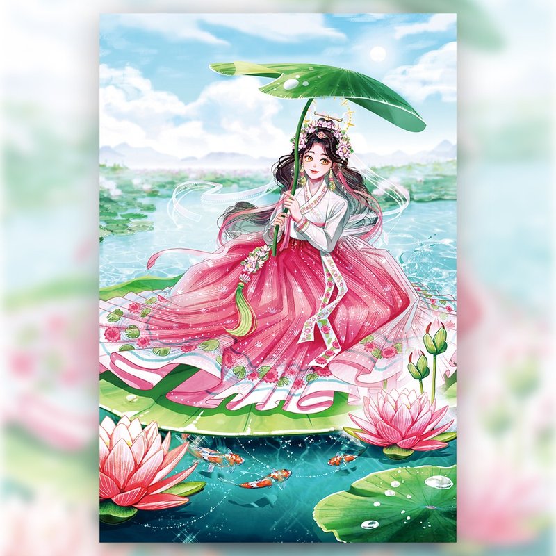 lotus fairy - girl Korean Hanbok illustrated postcard (uha) Bookmark - 卡片/明信片 - 紙 多色