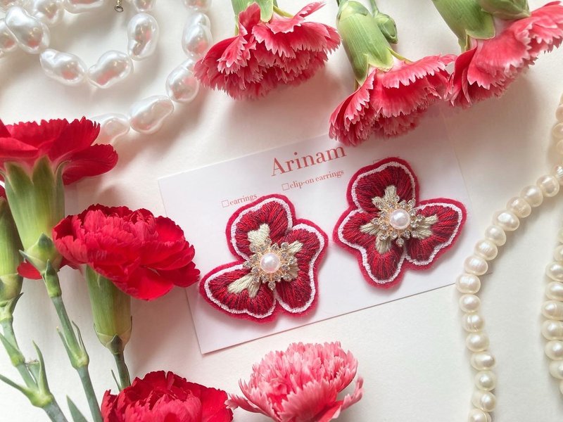 Embroidery accessories Hoa Lan ( red and bordeux mix color × beig - Earrings & Clip-ons - Thread Red