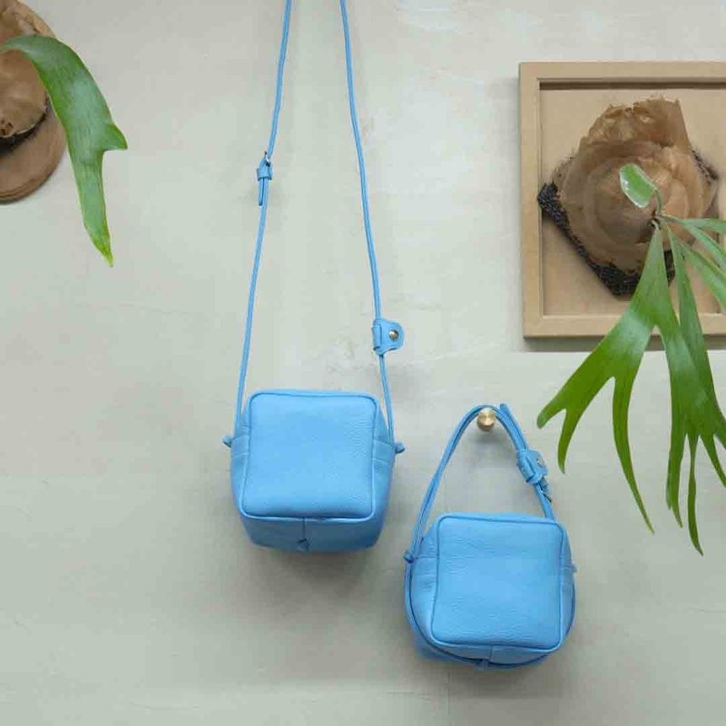 Cube Pochette ・2-Way Function with Interior Key Holder #BrightBlue - Messenger Bags & Sling Bags - Genuine Leather Blue