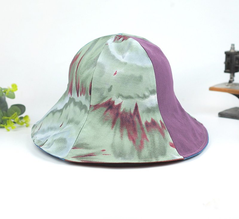 手工雙面帽  遮陽帽 復古 超柔美【柔渲雲紫】霧綠【HM-05】 - 帽子 - 棉．麻 綠色