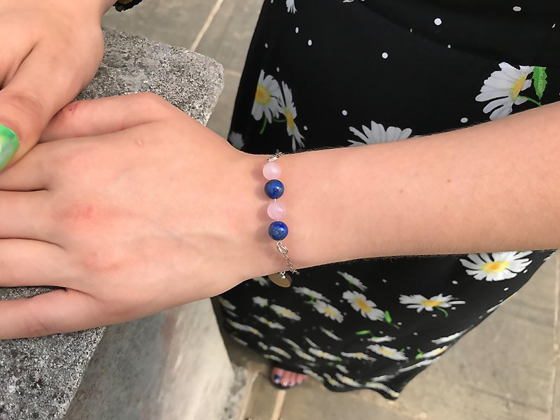 925 Sterling Silver Rose Quartz and Lapis Lazuli Ball Friendship bracelet