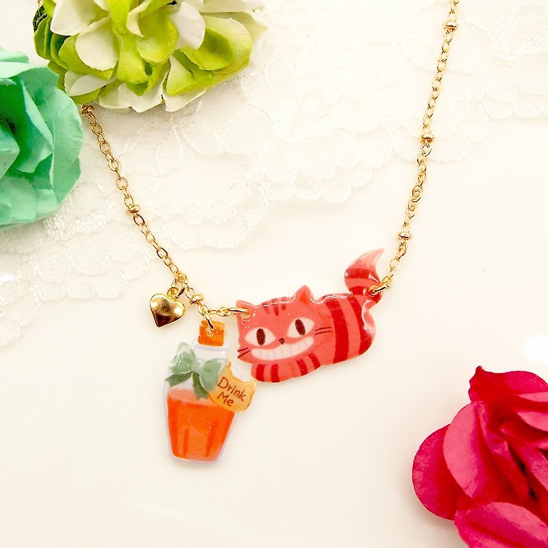 Catty in Wonderland Handmade Pink Cat with "Drink me" bottle necklace - Necklaces - Plastic Pink