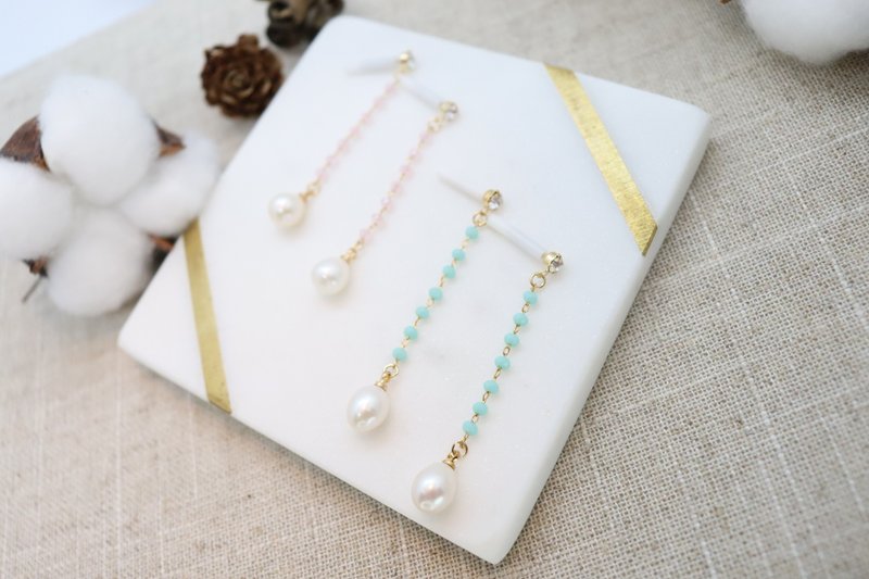 Oval Shaped Freshwater Pearl Drop Long Crystals Chains Titanium Post Earrings - 耳環/耳夾/耳骨夾 - 珍珠 
