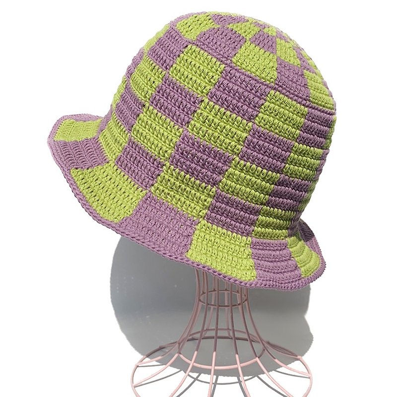 [Crochet Hat] LAV×Y/GRN Block Check Bucket Hat - Hats & Caps - Cotton & Hemp Green