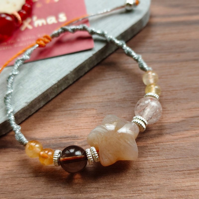 Coral Jade Star x Ice Obsidian x Pink & White Aragonite x Yellow Rutilated Quartz Woven Bracelet | Luck, Well-being, and Health - สร้อยข้อมือ - คริสตัล สีส้ม