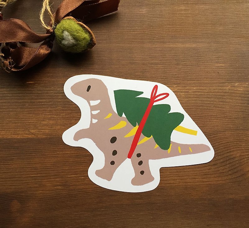 A little dinosaur carrying a Christmas tree home, Christmas card, postcard, Velociraptor card - การ์ด/โปสการ์ด - กระดาษ สีแดง