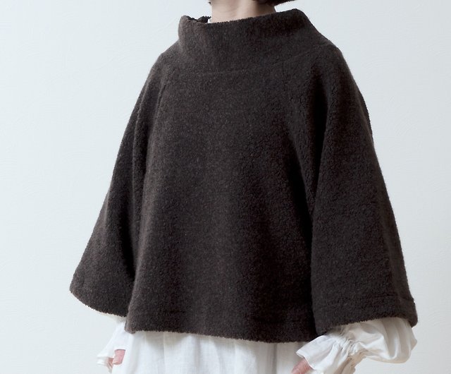 Adult high-quality wool boa A-line raglan pullover / dark Brown