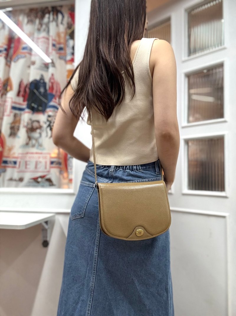 中古正品  Christian Dior 迪奧 真皮 馬鞍小包包 斜背包 腋下包 - 側背包/斜背包 - 真皮 卡其色