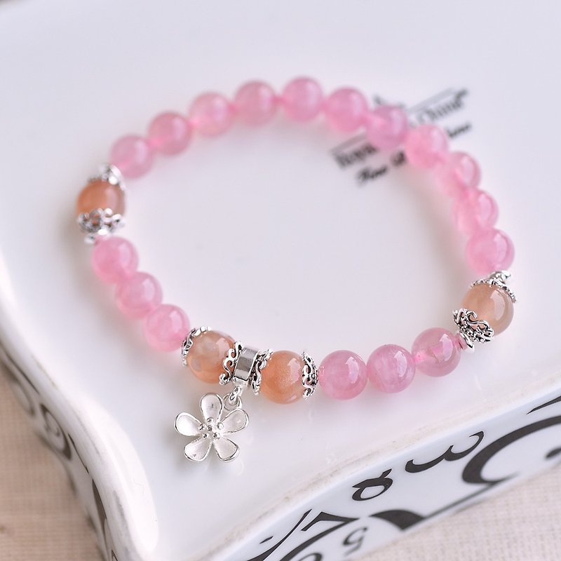 Mashima Powder Crystal + Cherry Blossom Agate Sterling Silver Flower Bracelet - Bracelets - Gemstone Pink