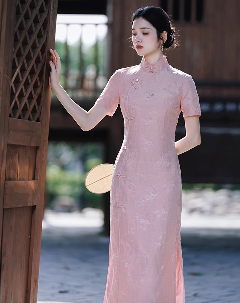 フェンダイの新しい中国風レトロジャカード改良チャイナドレス - ワンピース - その他の素材 ピンク
