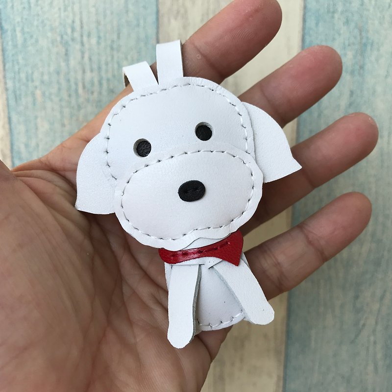 White cute Maltese dog handmade sewn leather charm small size - ที่ห้อยกุญแจ - หนังแท้ ขาว