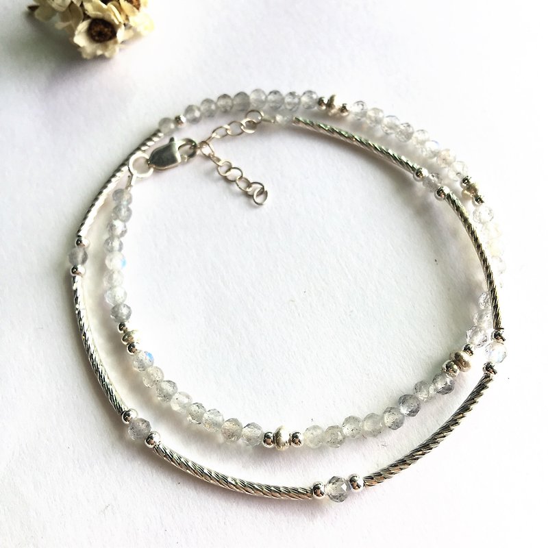 Cut noodle labradorite sterling silver thin tube double ring bracelet - สร้อยข้อมือ - เงินแท้ สีเงิน