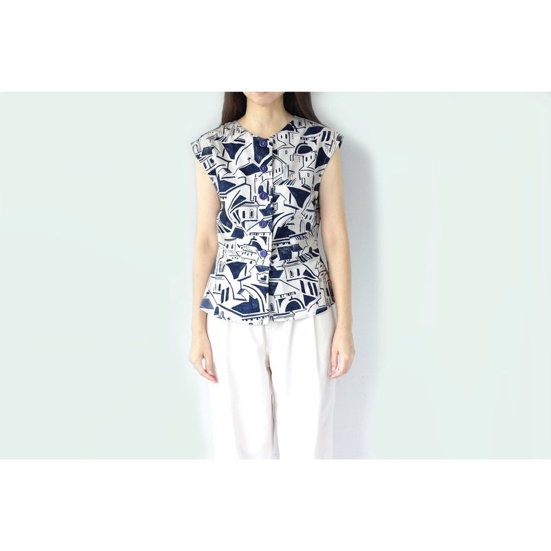 Navy blue village pattern sleeveless shirt with cut-out waist - Women's Tops - Cotton & Hemp 