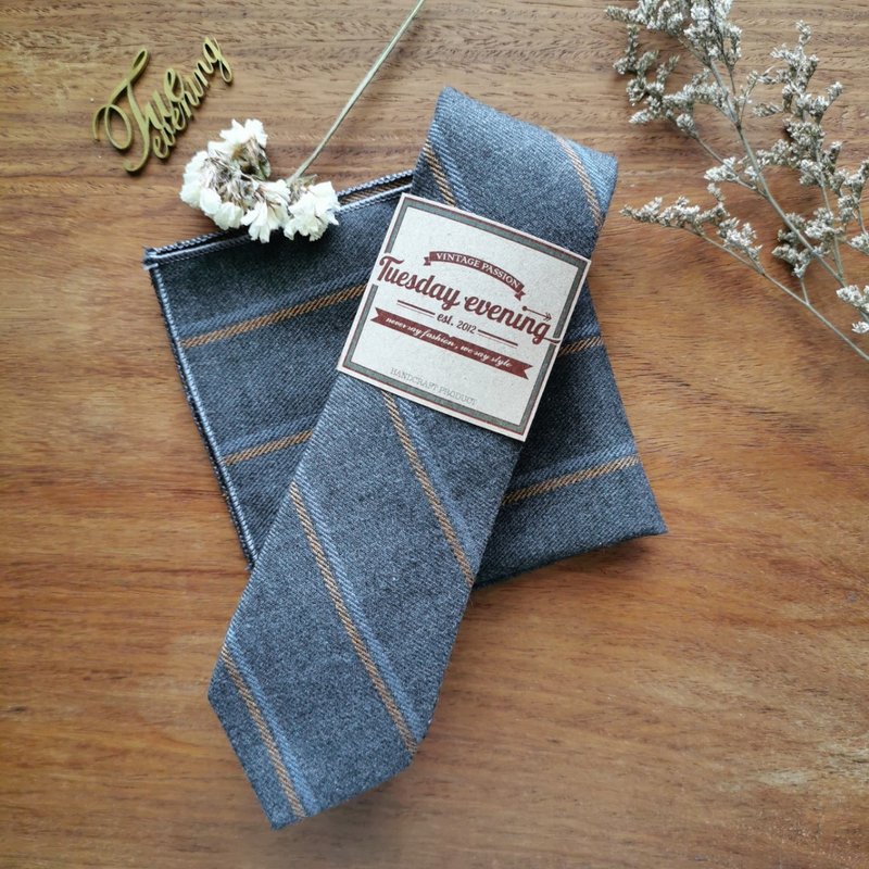 Necktie Foggy Grey Stripe Set Pocket Square (Grey stripe) - 領帶/領帶夾 - 棉．麻 灰色