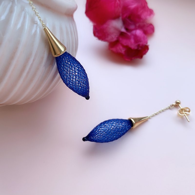 French handmade nylon bud earrings_sapphire blue - Earrings & Clip-ons - Polyester Blue
