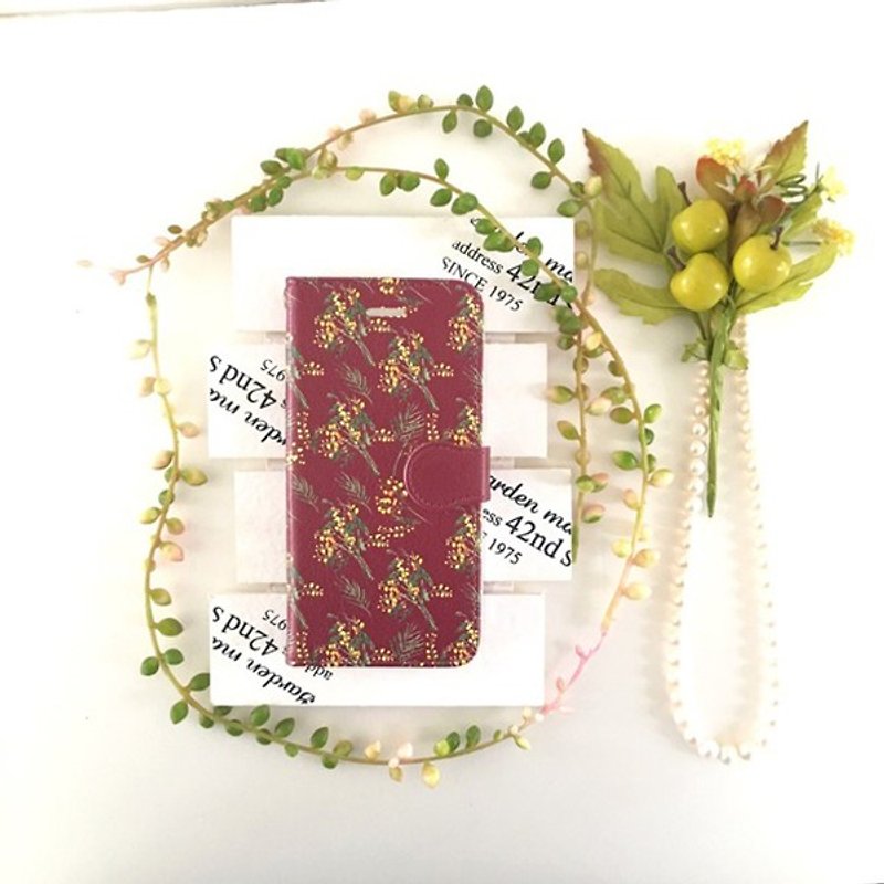 pajour) Bordeaux color mimosa pattern notebook type smartphone case [Autumn / Winter] [Floral pattern] No bijou - Phone Cases - Genuine Leather Red