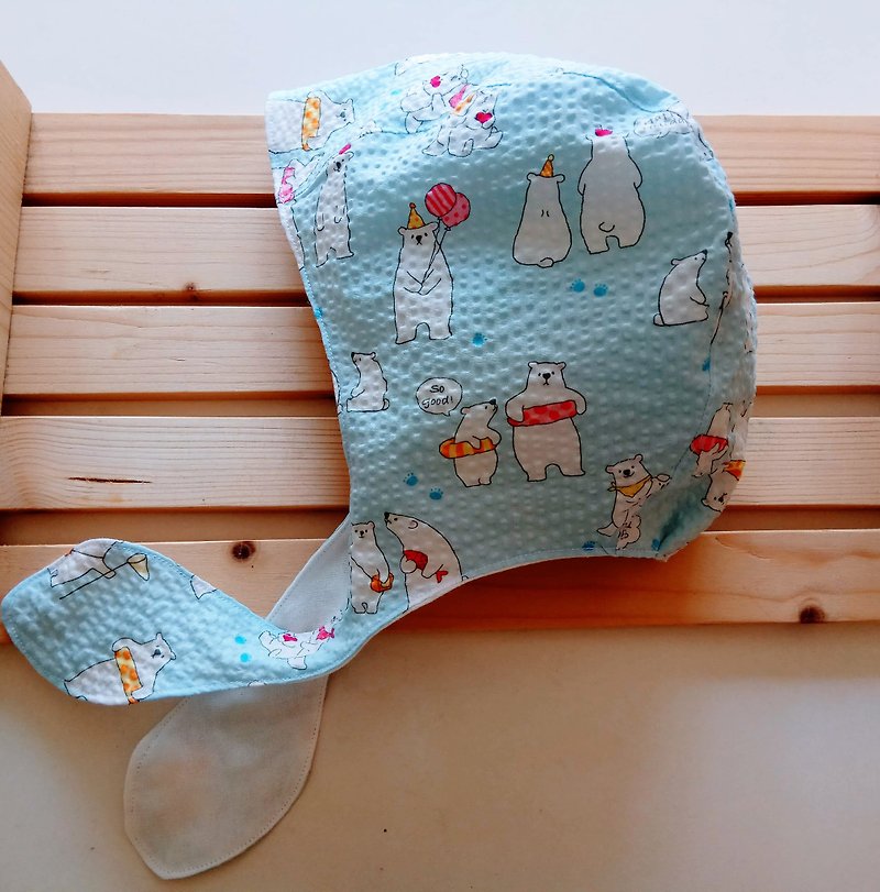 北極熊 立體剪裁綁帶嬰兒遮耳帽  彌月禮物 綁帶嬰兒帽   - 滿月禮物 - 棉．麻 藍色