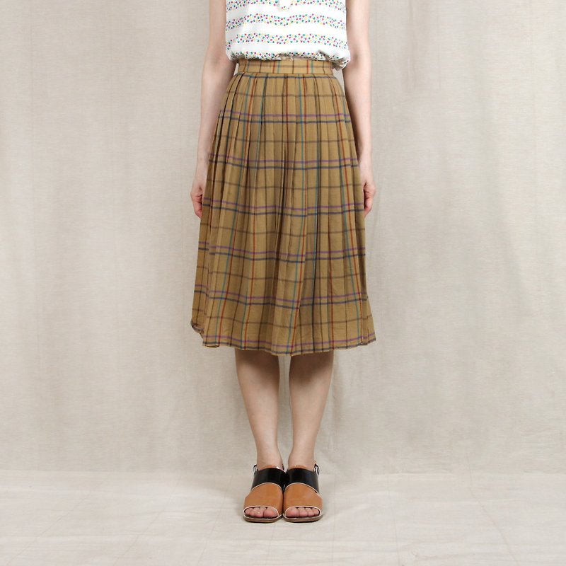 [Egg plant ancient] small artist lattice ancient pleated skirt - Skirts - Polyester Brown