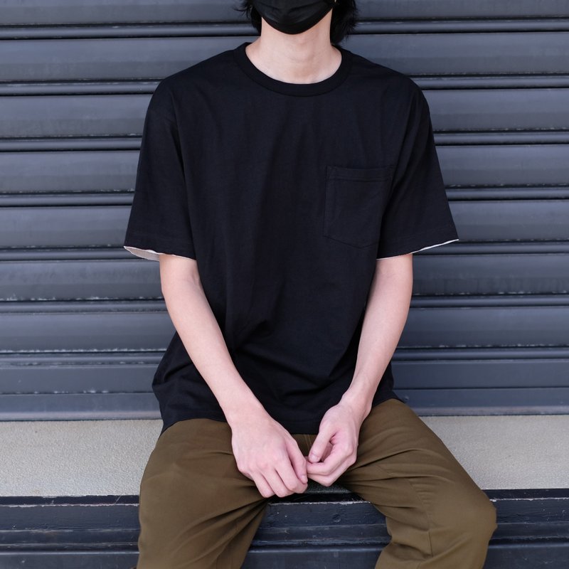 夏日寬版口袋T 中性T恤 /簡約款式/純棉材質/藍染/素T/情侶/禮物 - 男 T 恤 - 棉．麻 黑色