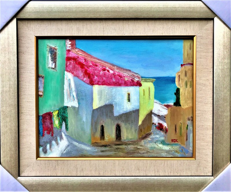 Summer beach town (including exquisite wooden frame), oil painting - Posters - Cotton & Hemp Multicolor