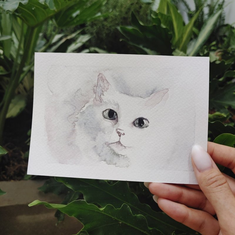 Cat original watercolor painting. Pet kitty postcard - 卡片/明信片 - 紙 白色