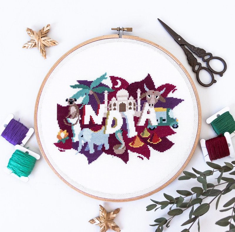 India Cross Stitch PDF Pattern 十字繡 - 編織/刺繡/羊毛氈/縫紉 - 其他材質 