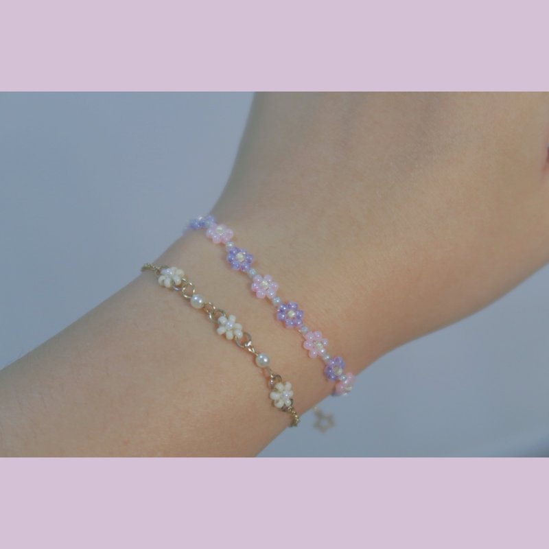 Beaded series flower bracelet ring pink purple - สร้อยข้อมือ - แก้ว สึชมพู