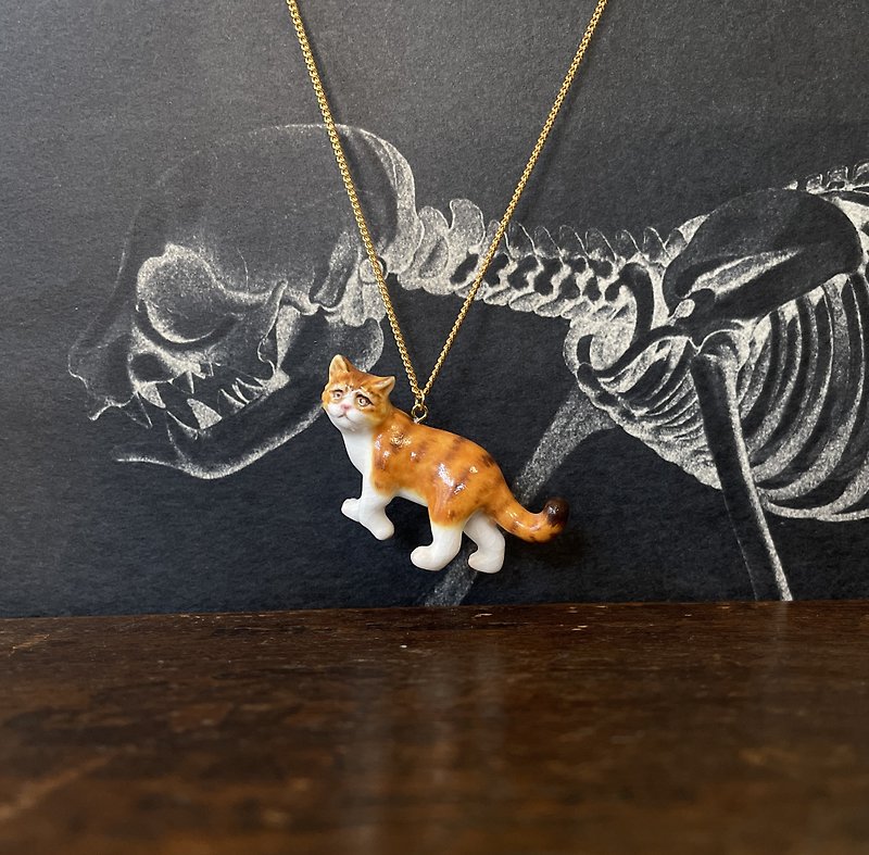 Ginger Cymric Cat Porcelain Pendant Necklace Jewellery Gift For Cat Lovers - Necklaces - Porcelain Orange