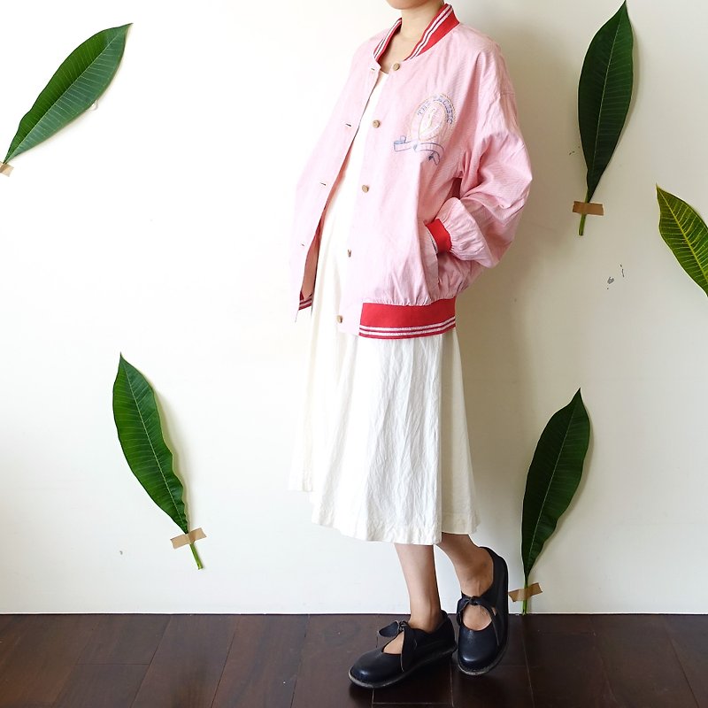 BajuTua /古著/ 粉紅條紋薄款棒球外套 - 外套/大衣 - 棉．麻 紅色
