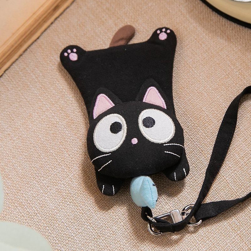 Little black cat retractable buckle identification card holder/ticket holder【820293】 - ที่ใส่บัตรคล้องคอ - ผ้าฝ้าย/ผ้าลินิน สีดำ
