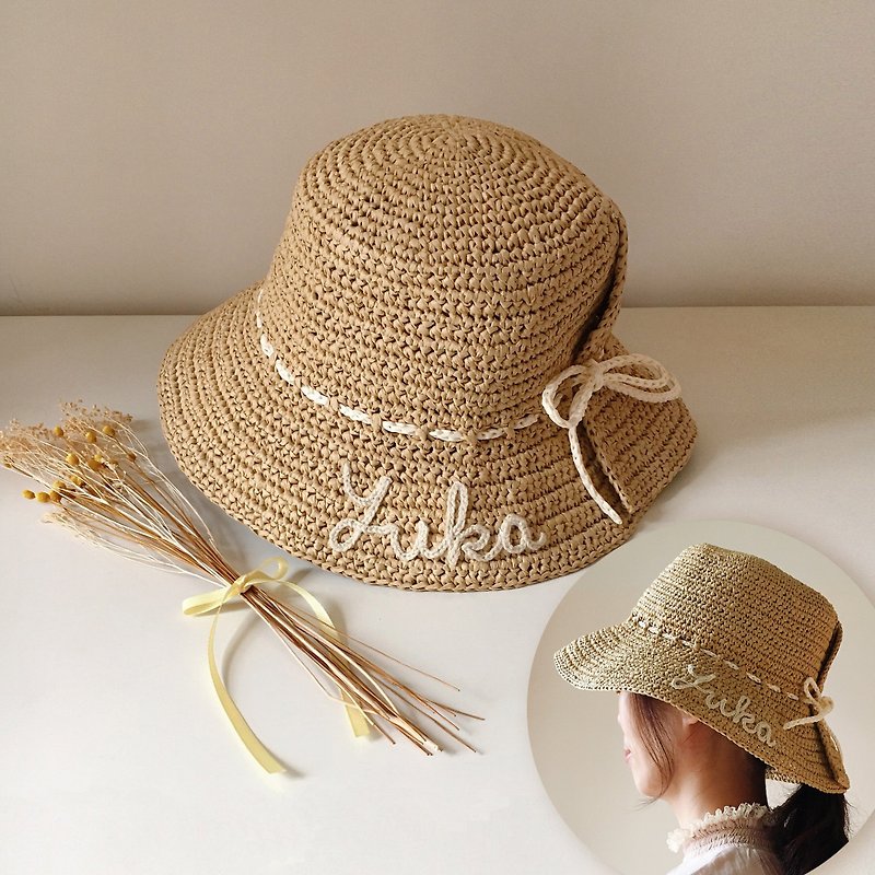 兒童手工編織帽/親子沙灘帽/拉菲紙草帽/尺寸可調整/可訂製名字 - 嬰兒帽子/髮帶 - 紙 卡其色