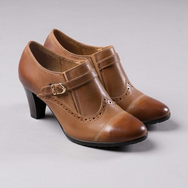 [Modern] retro elastic belt with leather ankle boots - camel caramel coffee - Women's Booties - Genuine Leather Brown