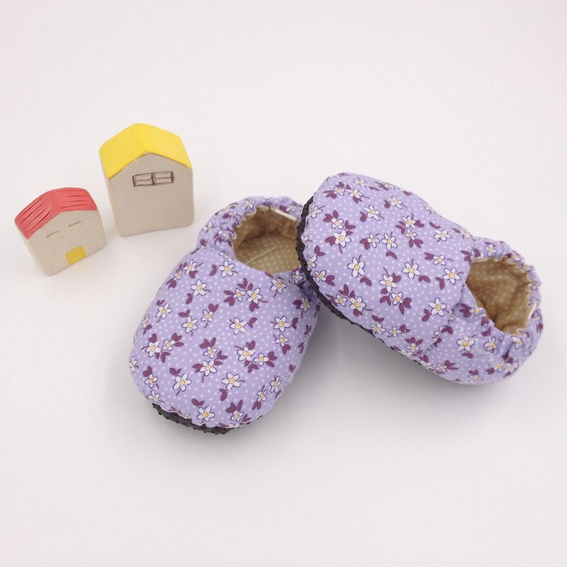HBS handmade doll shoes - white flowers on purple - รองเท้าเด็ก - ผ้าฝ้าย/ผ้าลินิน สีม่วง