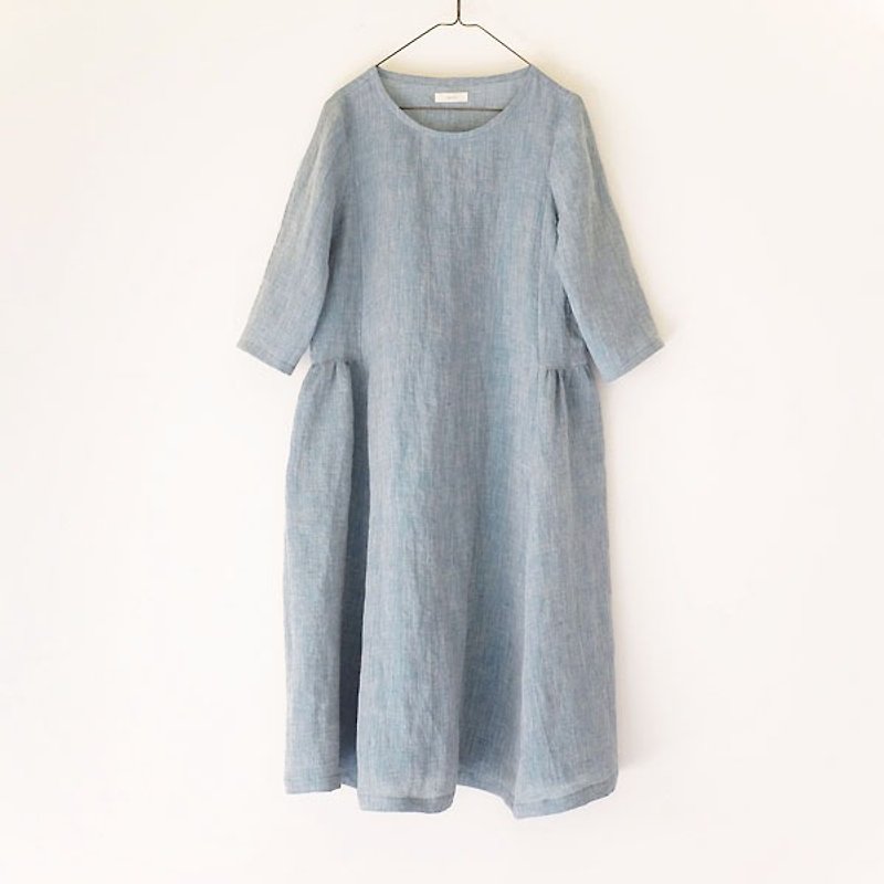 Daily work clothes. Frost turquoise green air sense of seven sleeves wide dress, linen - One Piece Dresses - Cotton & Hemp Green