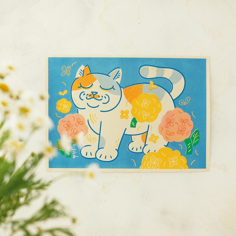 Cats and Flowers Poster/Meiji Hydrangea/A4 - โปสเตอร์ - กระดาษ สีน้ำเงิน