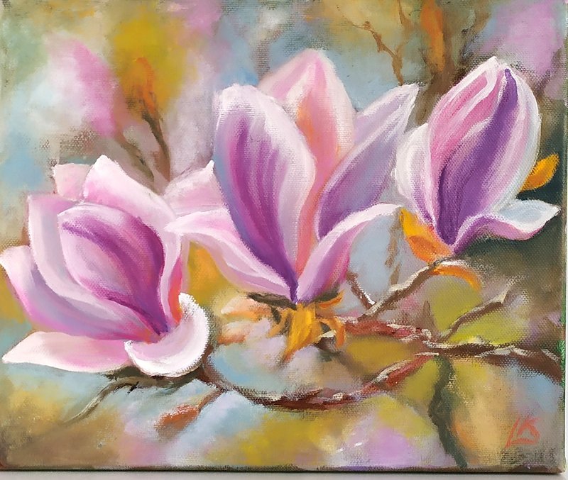 Magnolia Original Oil Painting on Canvas Violet Flower Art Purple Magnolia Art - โปสเตอร์ - ผ้าฝ้าย/ผ้าลินิน 