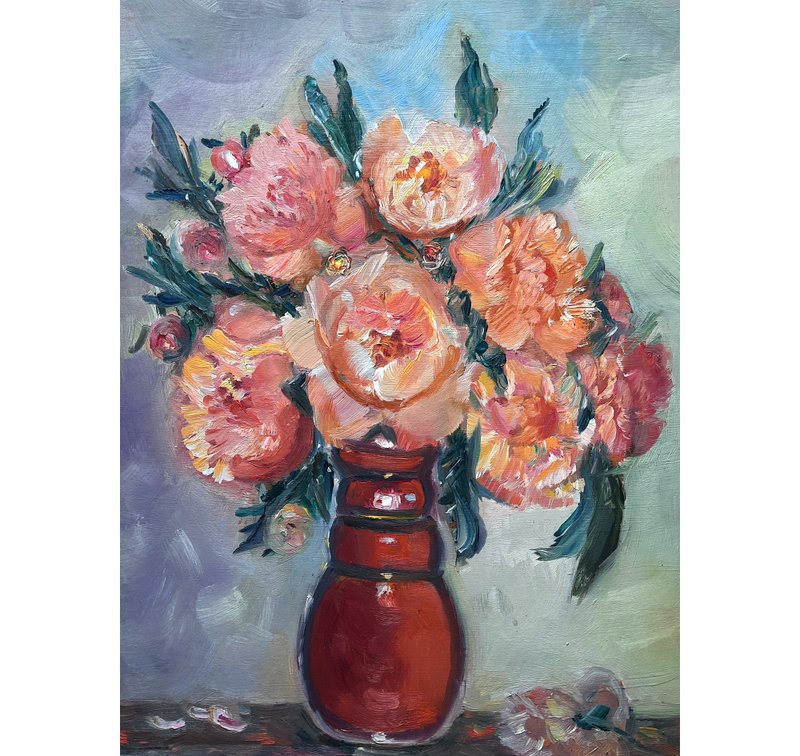 Peonies in a Vase  Painting  Original Art  Oil Painting   Oil On Cardboard - 壁貼/牆壁裝飾 - 其他材質 粉紅色