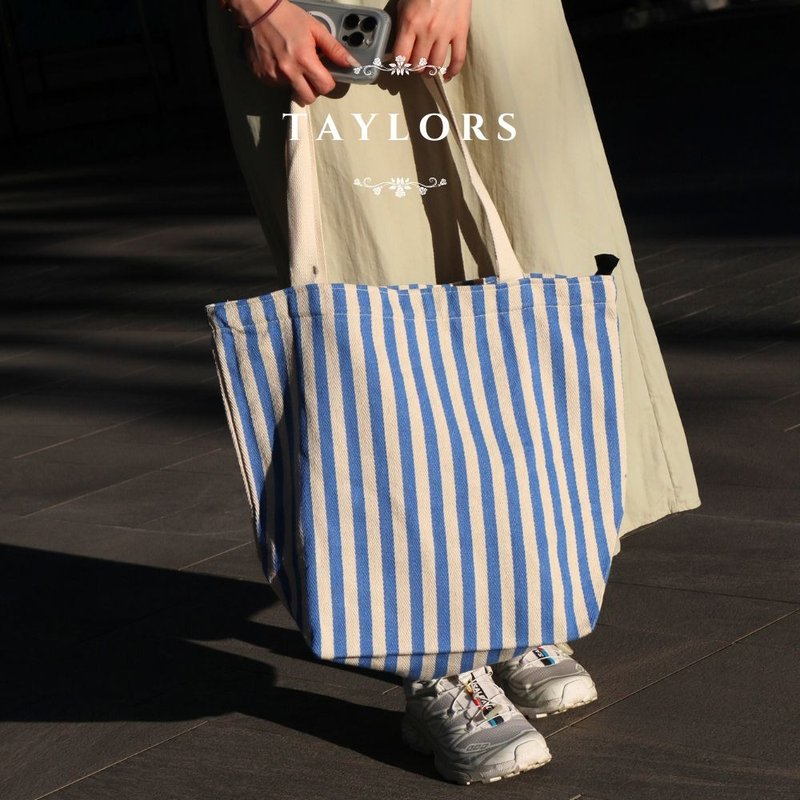 【TAYLORS】Summer Stripe Canvas Tote Bag - Large Capacity, Handheld/Crossbody/Shoulder Bag for Beach & Everyday - กระเป๋าถือ - ผ้าฝ้าย/ผ้าลินิน สีน้ำเงิน