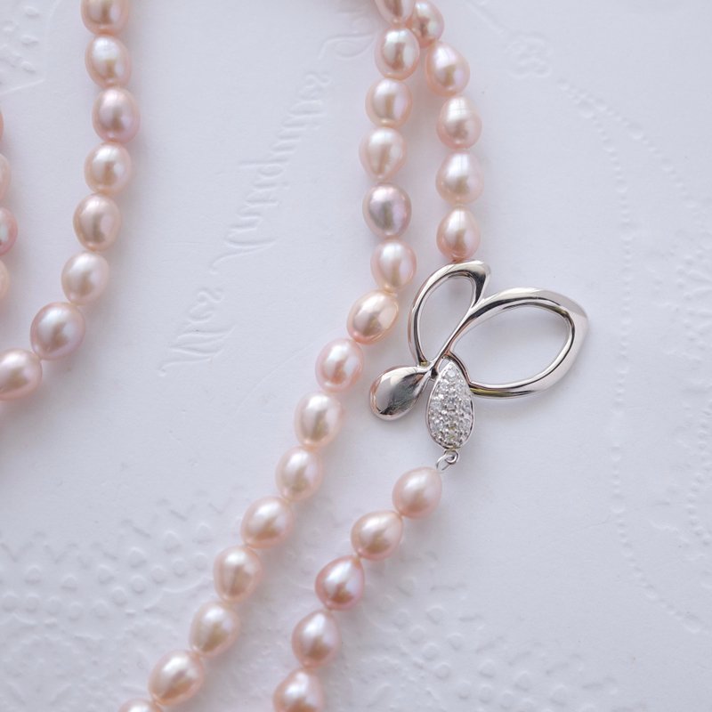 Freshwater pearl long necklace with butterfly clasp. Can be worn in two ways. - Necklaces - Pearl Pink