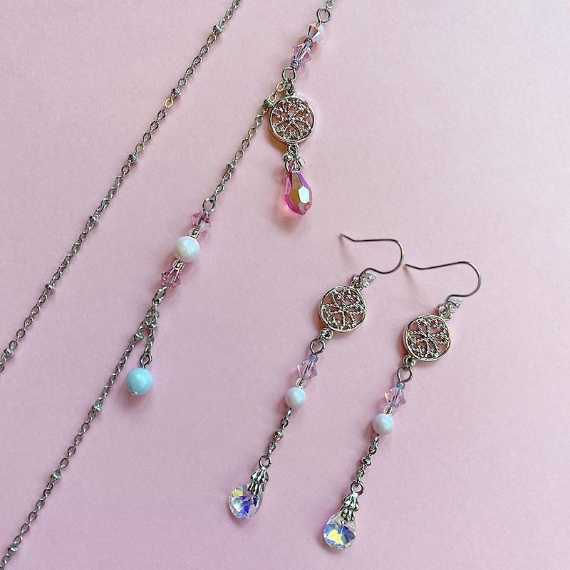 Spring New Product Combination Sakura Language Mask Chain + Earrings Spring Cherry Blossom Jewelry - Earrings & Clip-ons - Crystal Pink